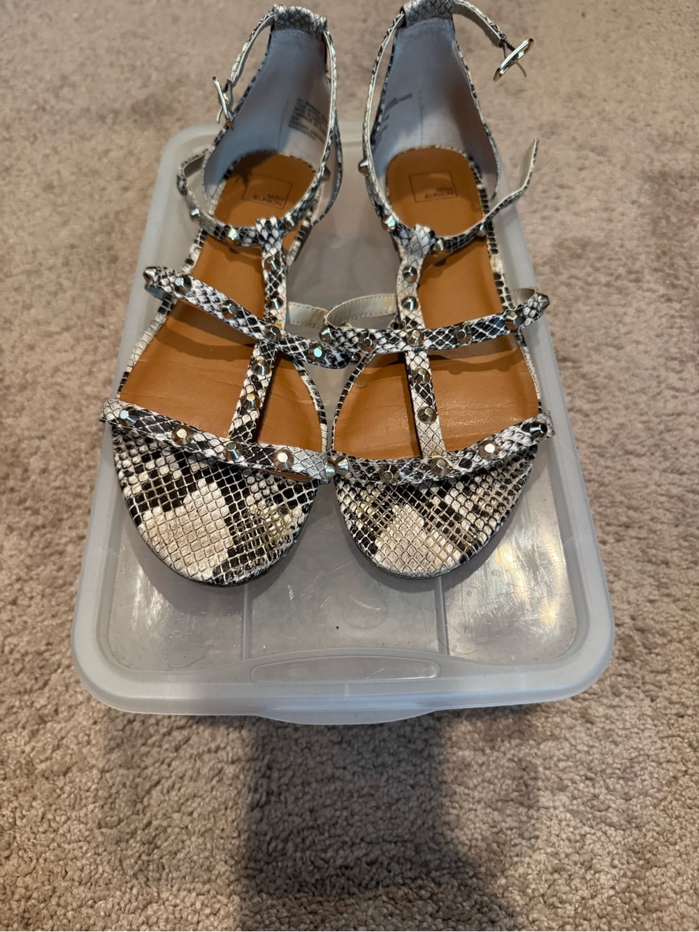 Snake-Print Strappy Flat Sandals in Black & White